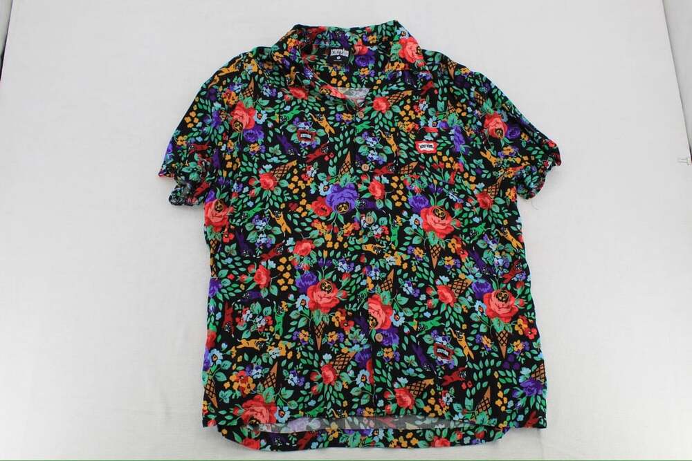 Icecream Men's Black Floral Ice Cream Cone Short Sleeve Button Down Shirt Size S